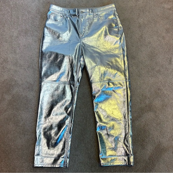 GAP Metallic Silver High Rise Vegan Faux Leather Cheeky Straight Pants Sz 16 - Picture 2 of 10